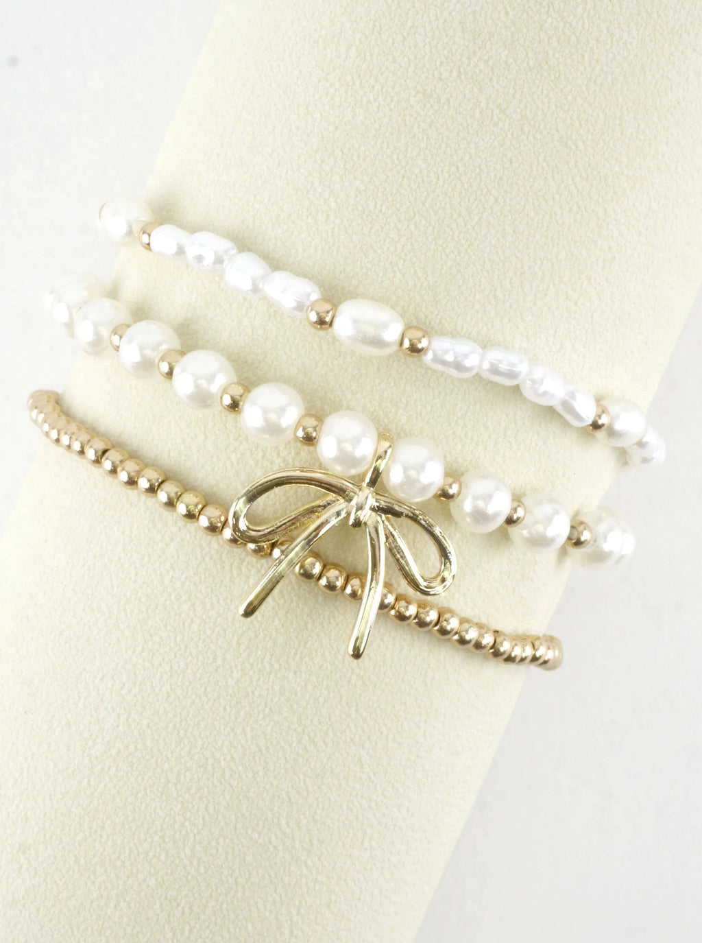 3 PC Set Pearl Ribbon Charm Bracelets: Gold