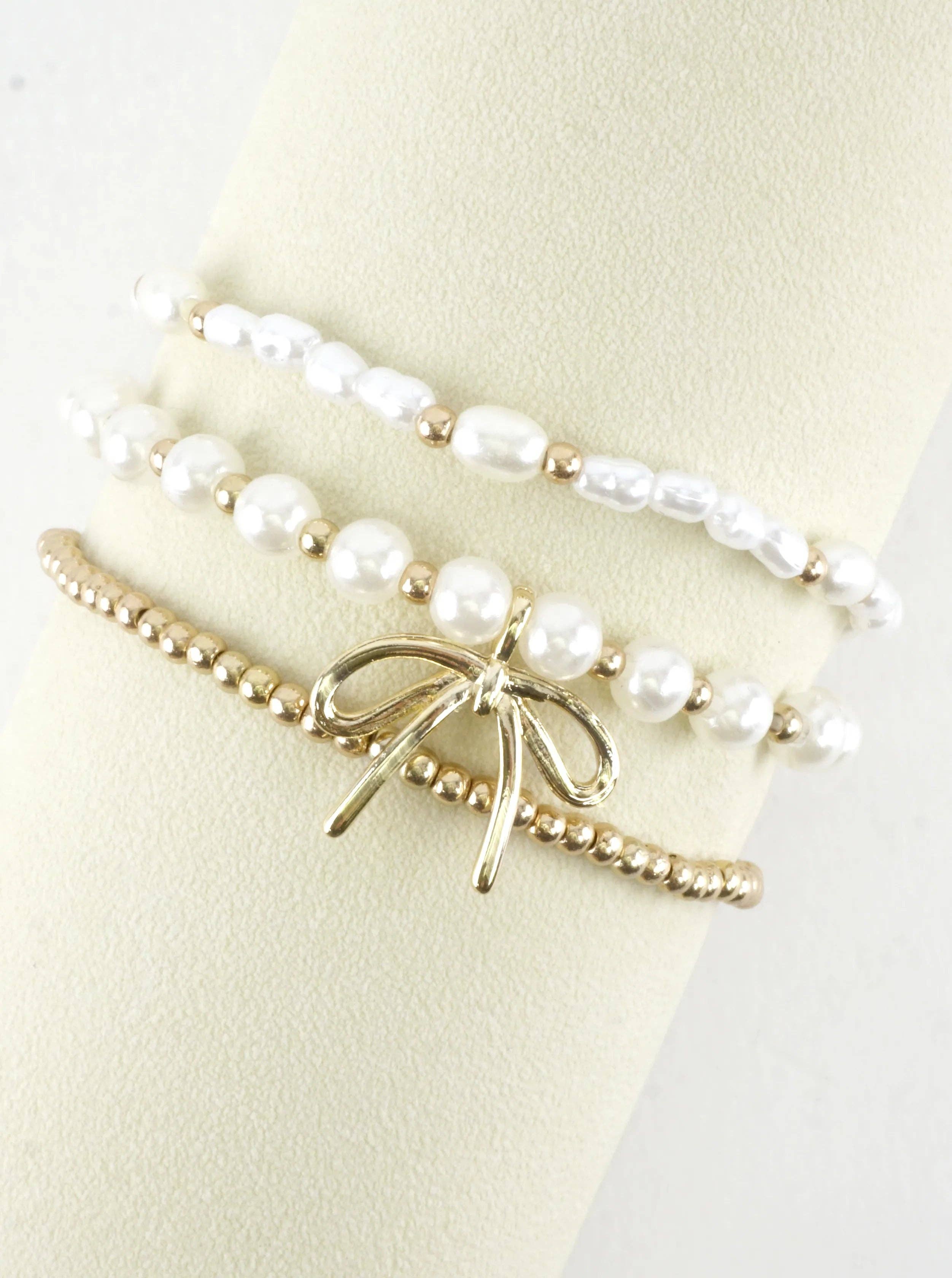 3 PC Set Pearl Ribbon Charm Bracelets: Gold