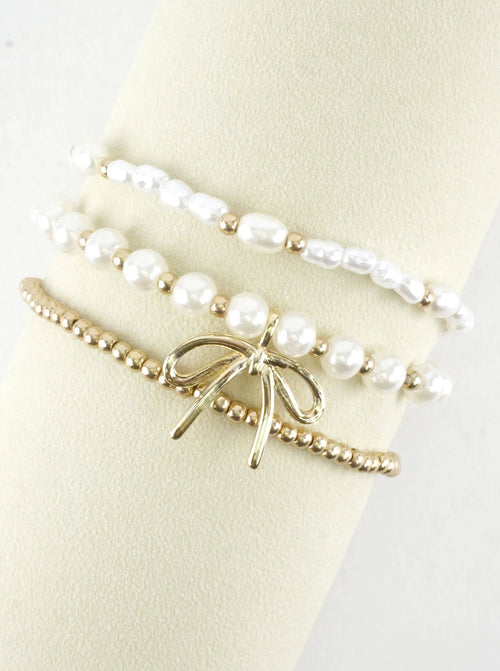3 PC Set Pearl Ribbon Charm Bracelets: Gold