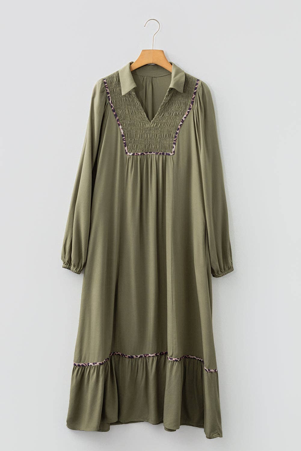 OMG! Leopard Trim Smocked V-Neck Midi Dress