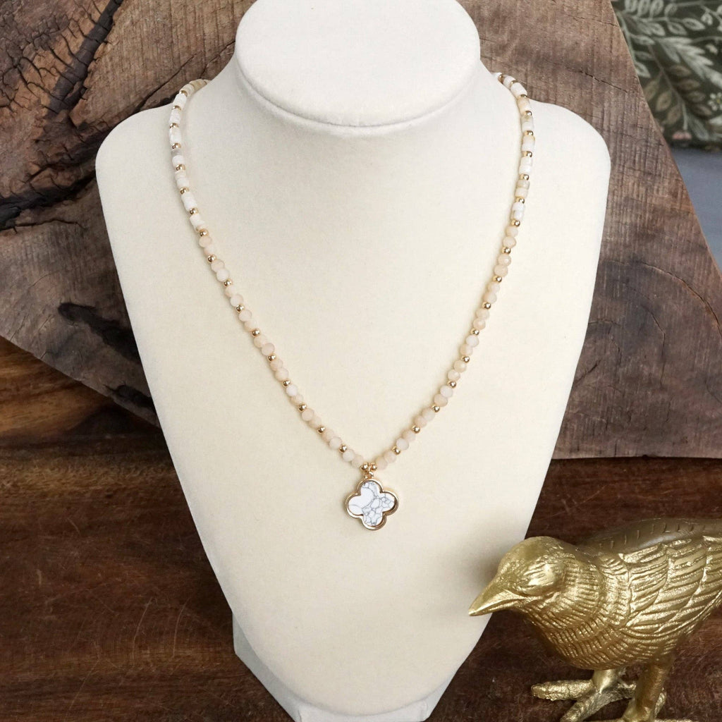Short Beaded Clover Pendant Necklace with Semi-Precious Stone Beads: White
