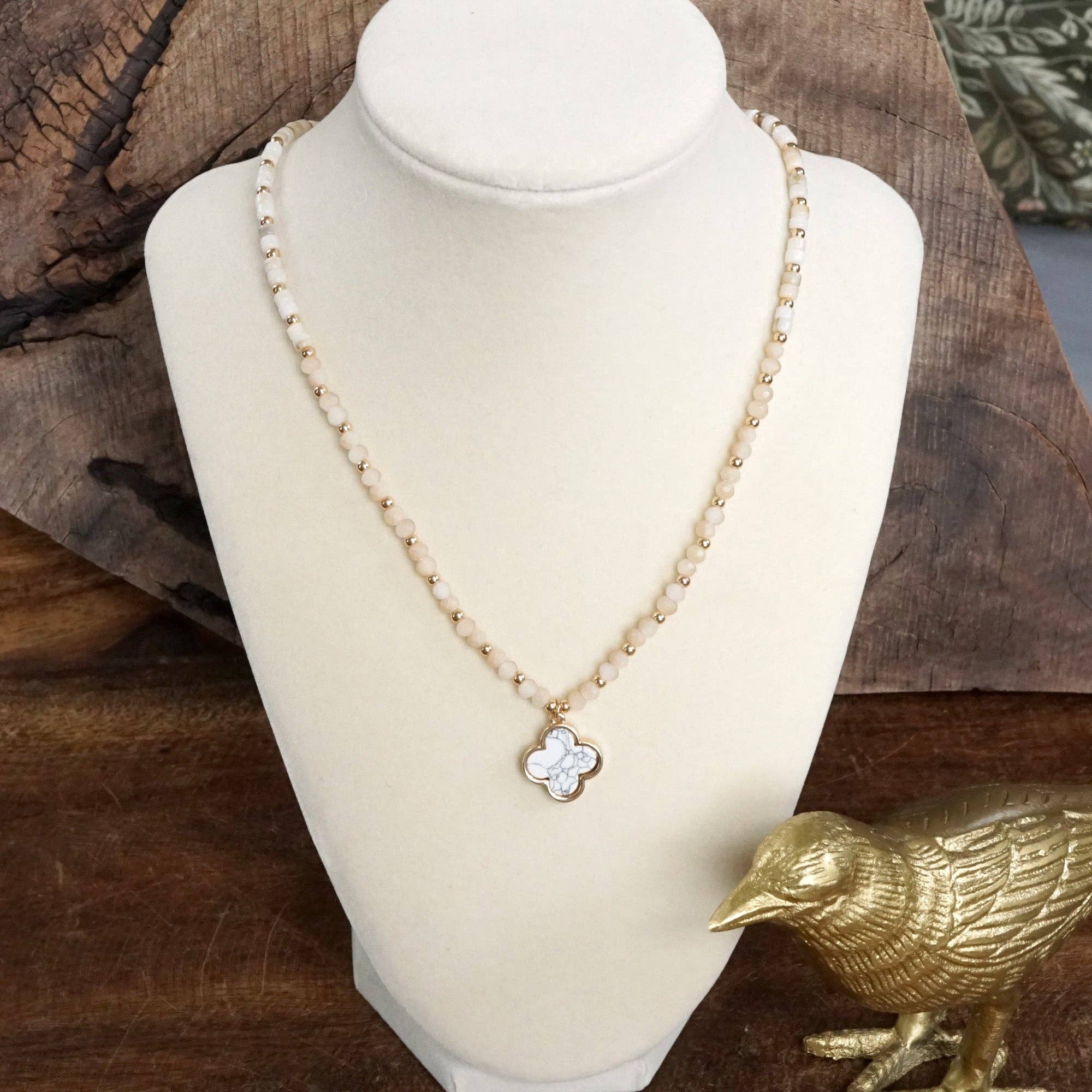 Short Beaded Clover Pendant Necklace with Semi-Precious Stone Beads: White