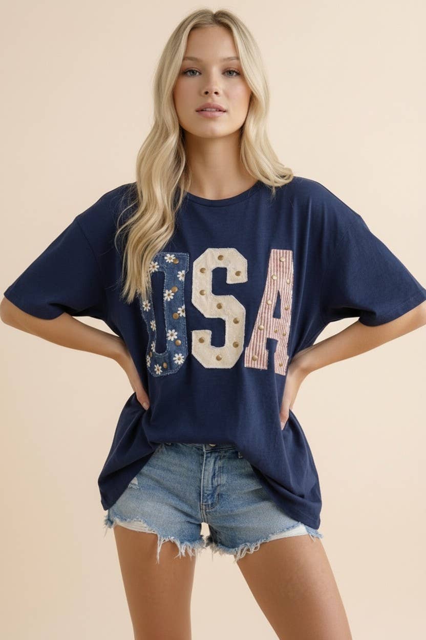 Mixed-Media Studded USA Graphic Tee: NAVY