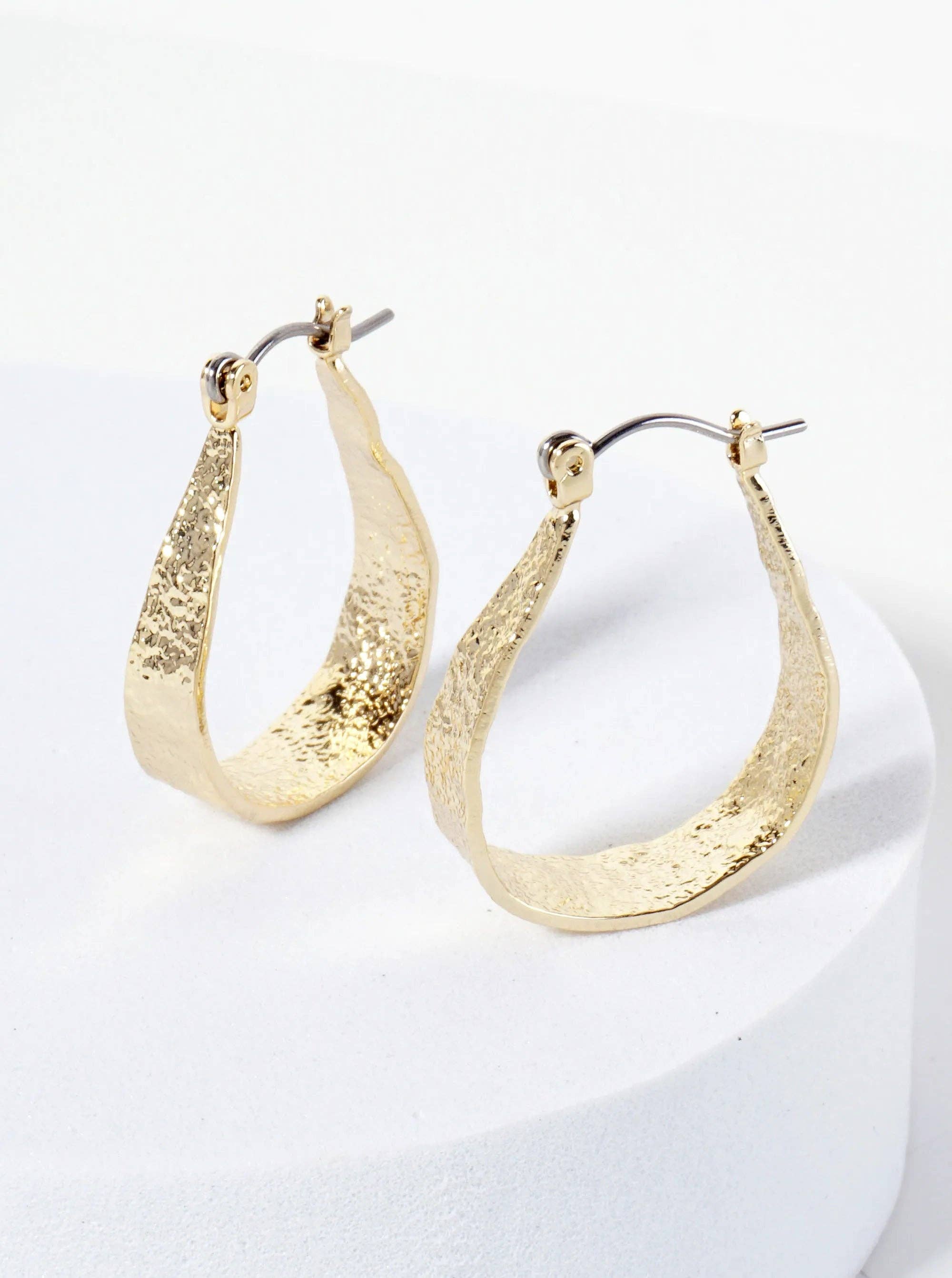 28mm 14K-Gold-Dipped Shimmer-Texture Tapered Teardrop Latch-Back Hoop Earrings: Gold