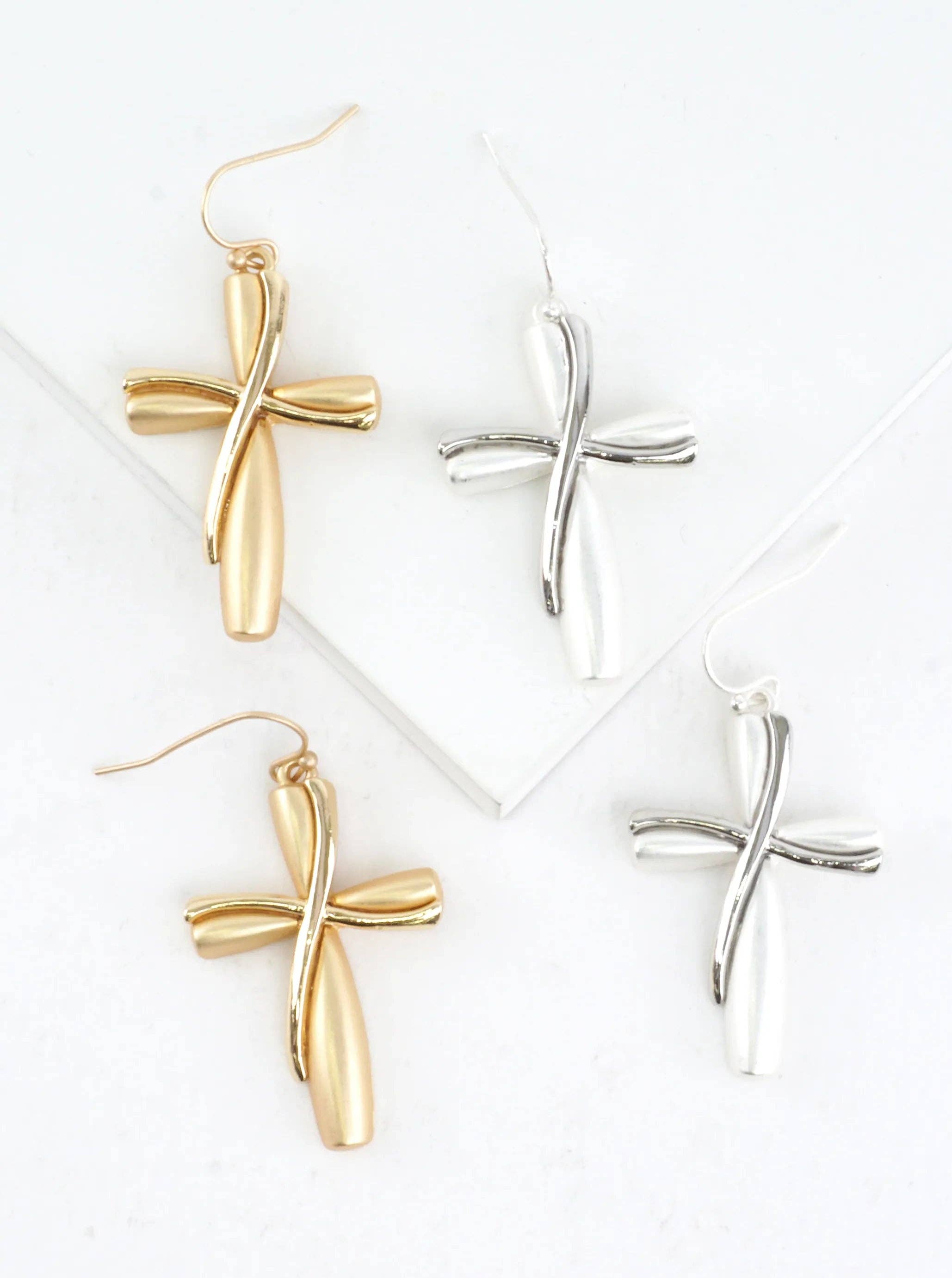 Twisted Ribbon 2 Tone Cross Drop Earrings: Matte Gold Gold