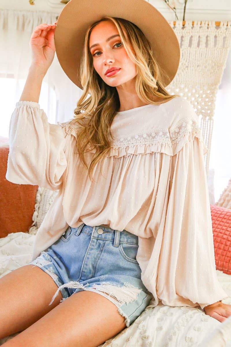 Lace-Up Back Detail Swiss Dot Patterned Blouse: Natural