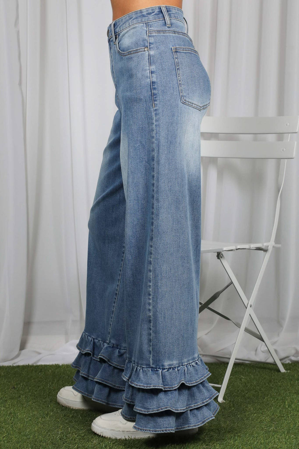 Flared Ruffle Hem Cropped Pants Denim Jeans: Denim Blue