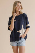 Star Patchwork Cotton Slub Knit Top: NAVY