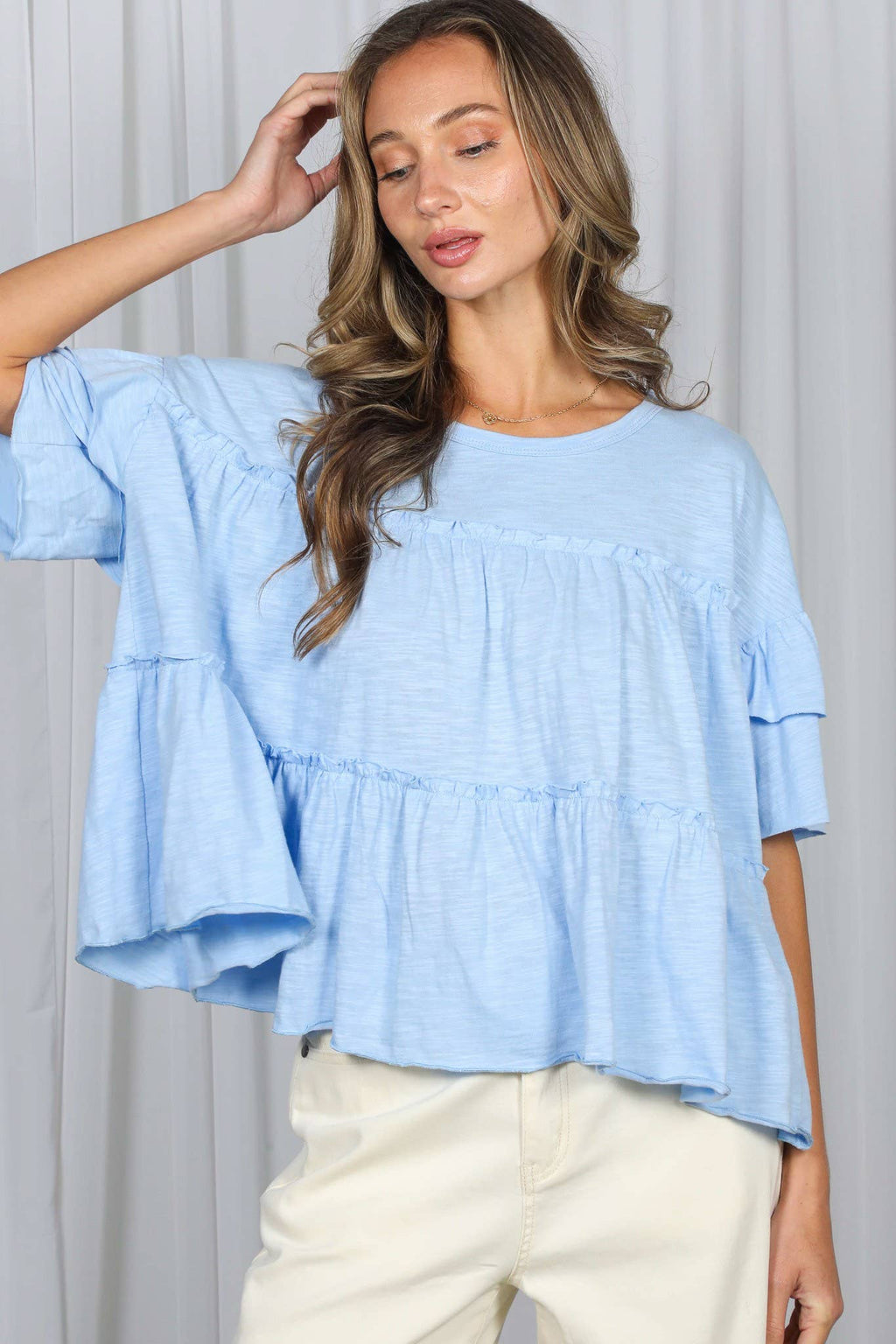 Ruffle Tired Crew Neck 100%Cotton Top: Blue
