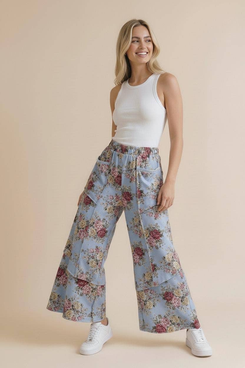 Elastic Waist Wide Leg Vintage Floral Pant: Oatmeal