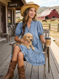 V-Neck Ruffle Hem 100%Tencel Chambray Midi Dress: Washed Denim