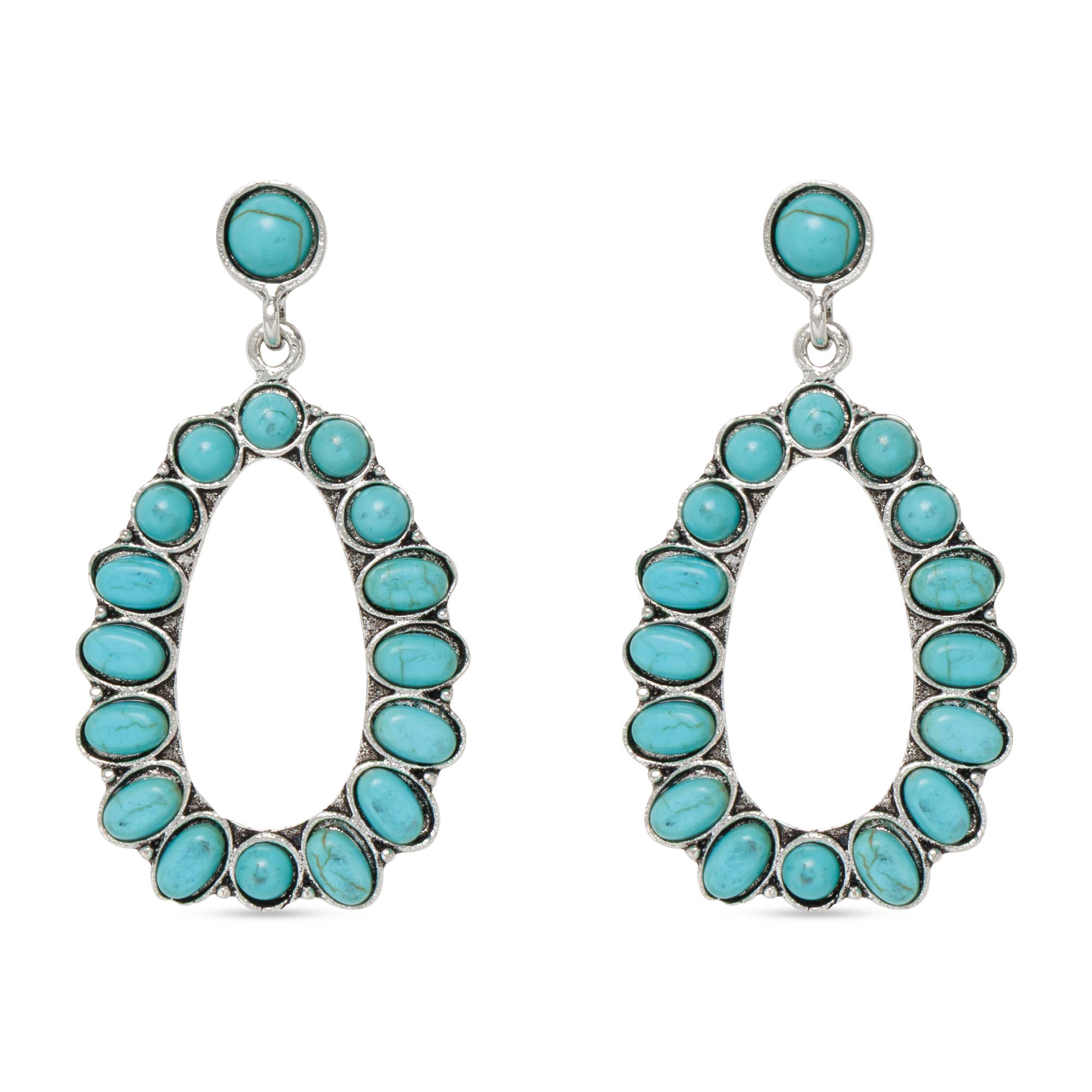 Silver Long Hoop Stone Dangle Earrings