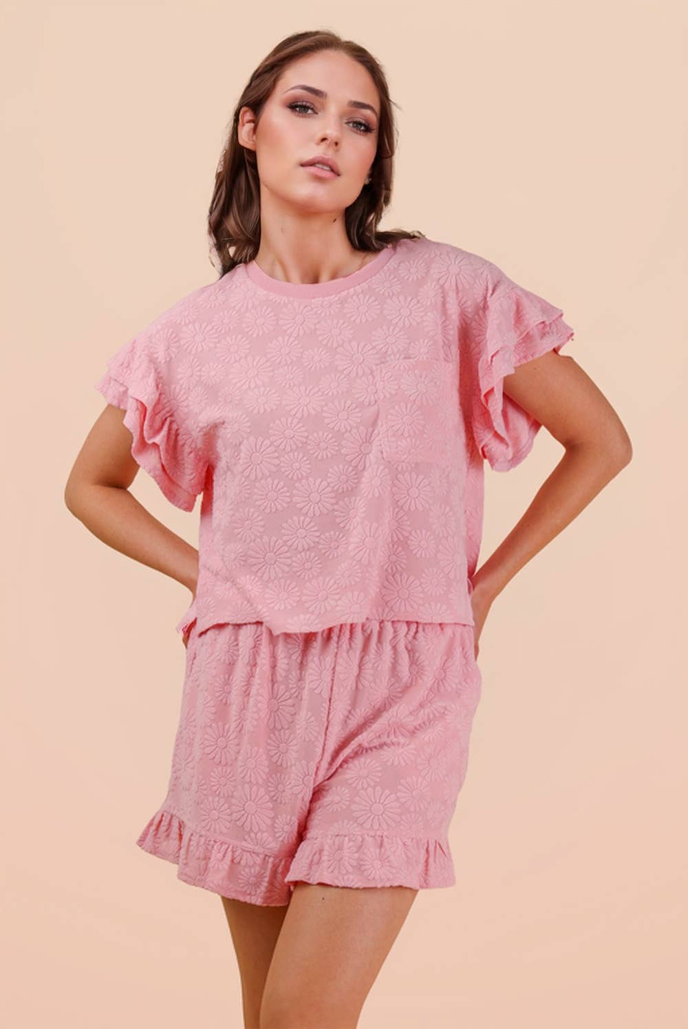 NEW IN — Floral Textured Ruffled Knit Top & Shorts Set: Pink
