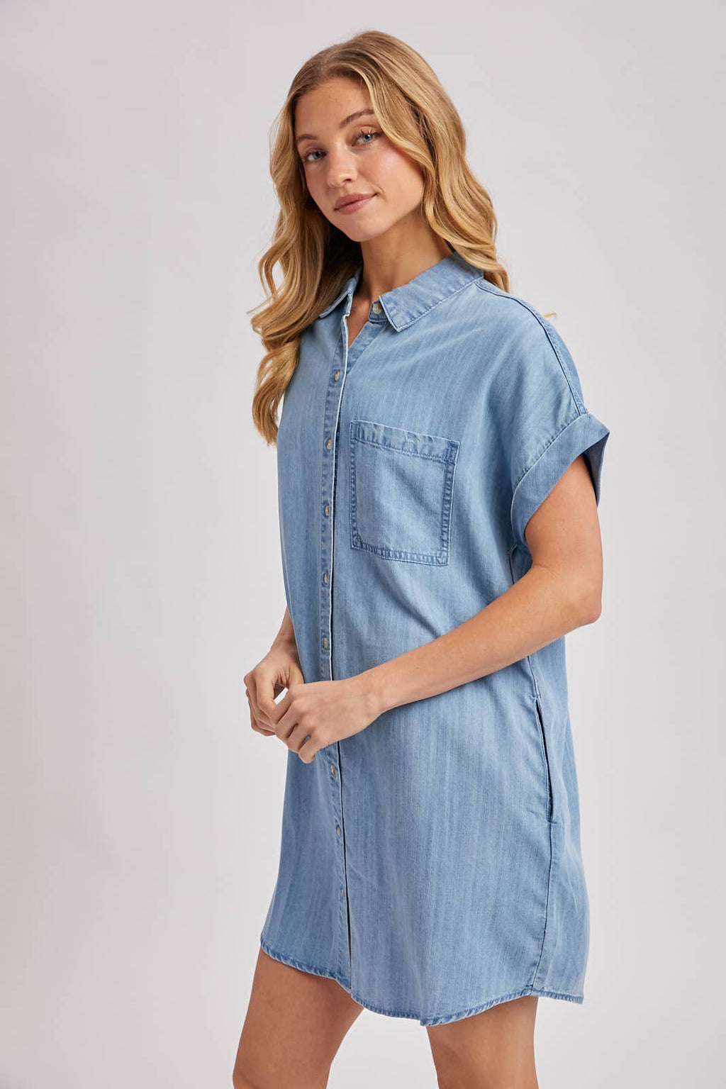 DENIM BUTTON DOWN SHIRT DRESS: LT.WASH