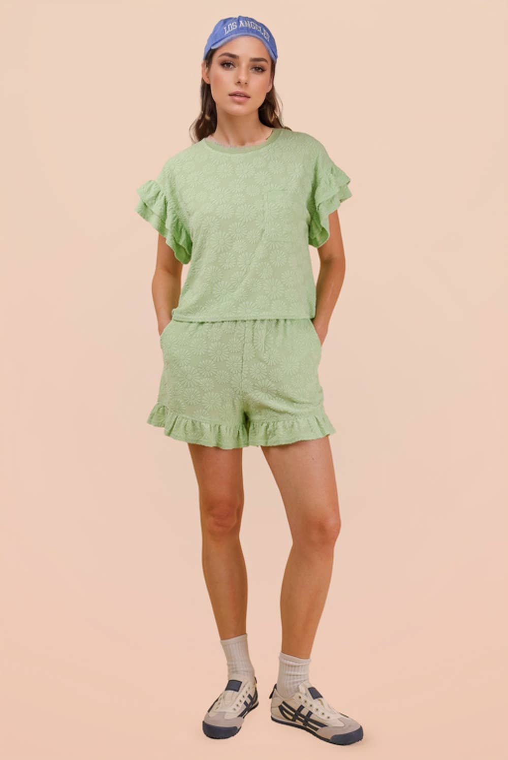 NEW IN — Floral Textured Ruffled Knit Top & Shorts Set: Sage