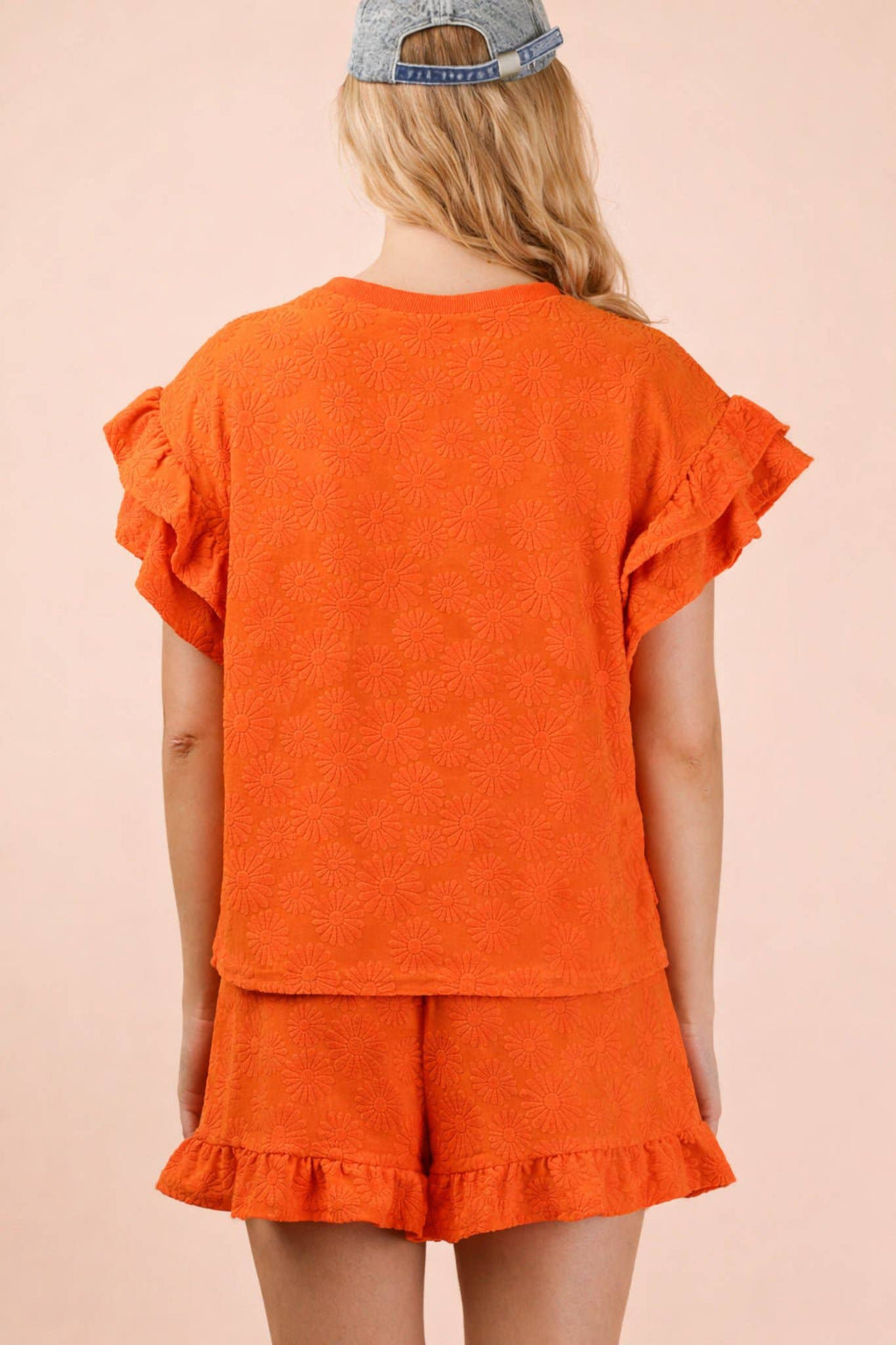 NEW IN — Floral Textured Ruffled Knit Top & Shorts Set: Orange