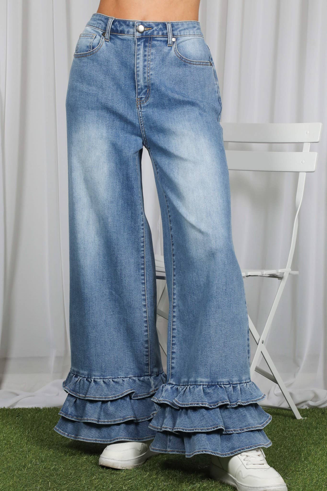 Flared Ruffle Hem Cropped Pants Denim Jeans: Denim Blue