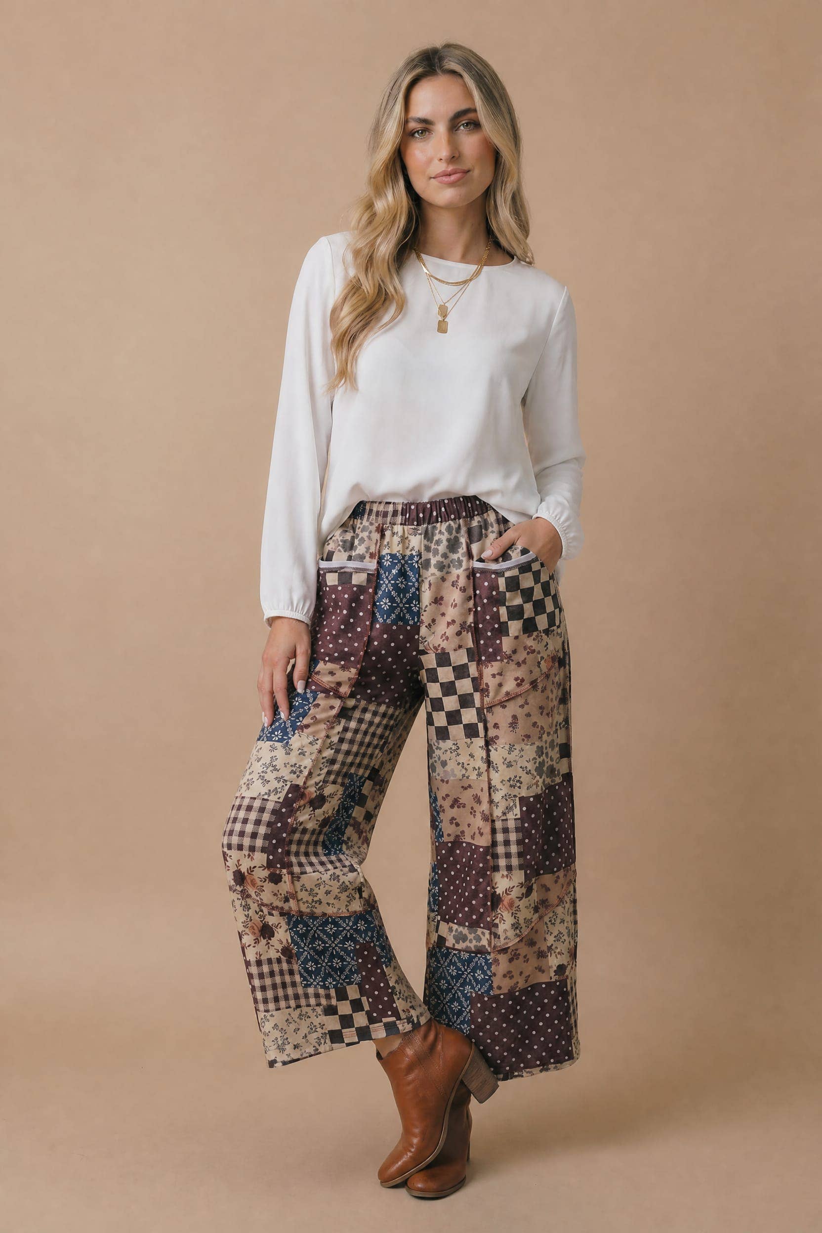 Patchwork Floral French Terry Pants: BROWN