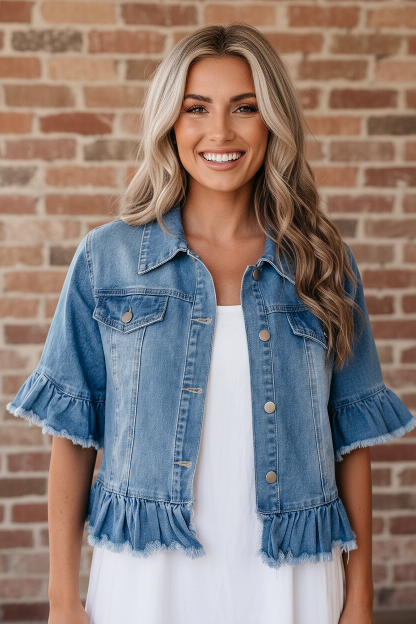 OMG! Denim Raw Edge Ruffle Half Sleeve Jacket