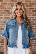OMG! Denim Raw Edge Ruffle Half Sleeve Jacket