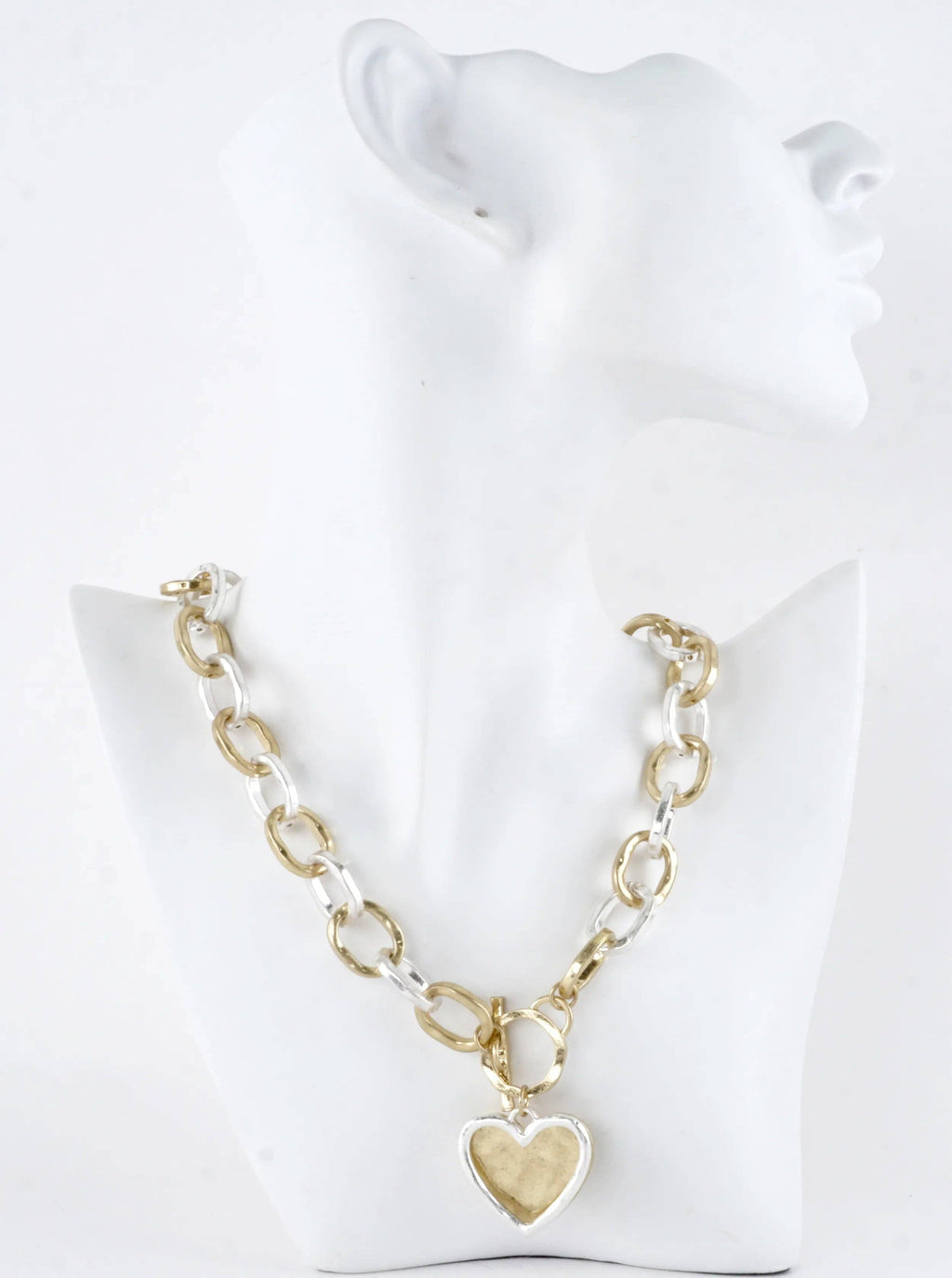 Chunky Hammered Chain Two Hearts Toggle Necklace: Worn Gold Silver