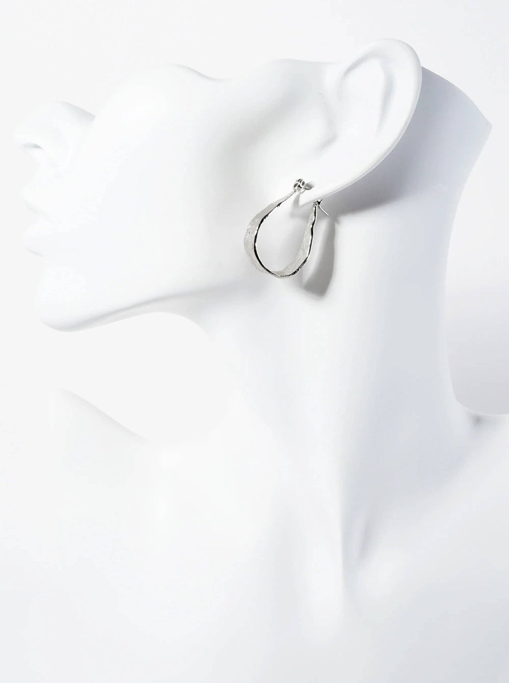 28mm 14K-Gold-Dipped Shimmer-Texture Tapered Teardrop Latch-Back Hoop Earrings: Rhodium