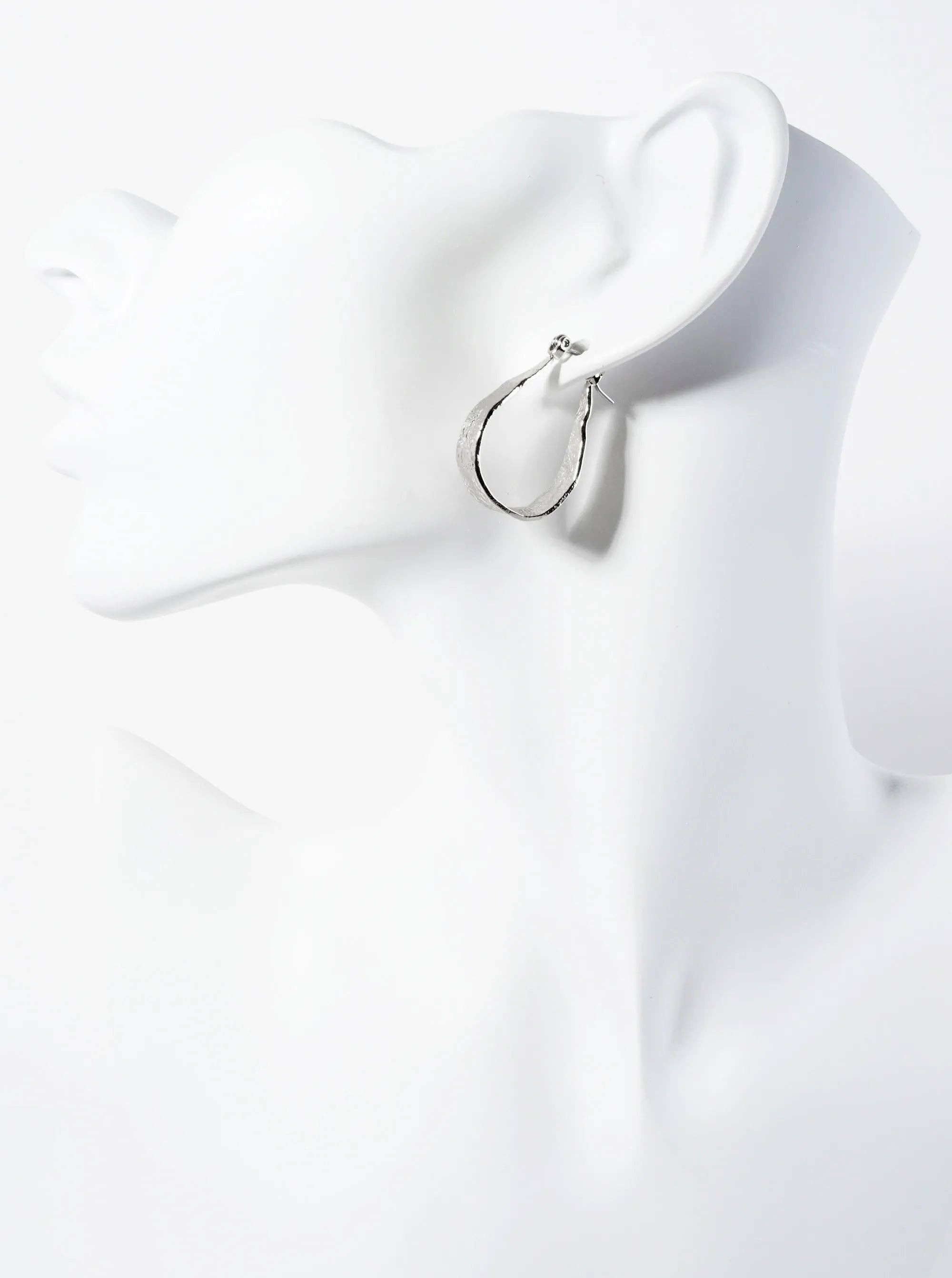 28mm 14K-Gold-Dipped Shimmer-Texture Tapered Teardrop Latch-Back Hoop Earrings: Rhodium