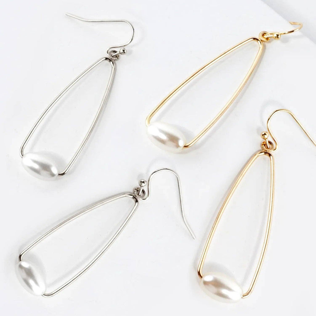 Pearl On Wire Teardrop Dangle Earrings: Gold