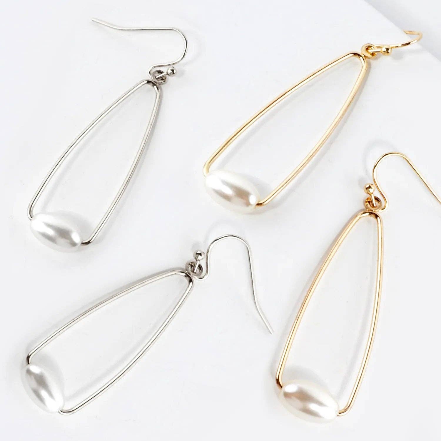Pearl On Wire Teardrop Dangle Earrings: Gold
