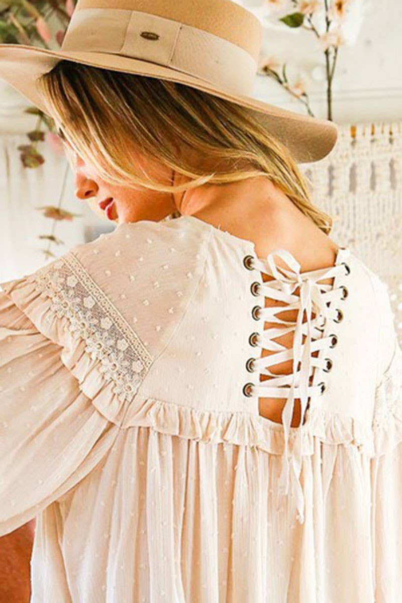 Lace-Up Back Detail Swiss Dot Patterned Blouse: Natural