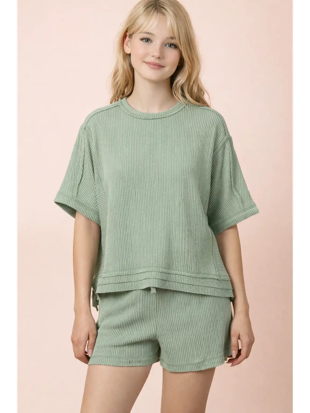 NEW IN — Ribbed Knit Comfy Top & Shorts Set: Sage