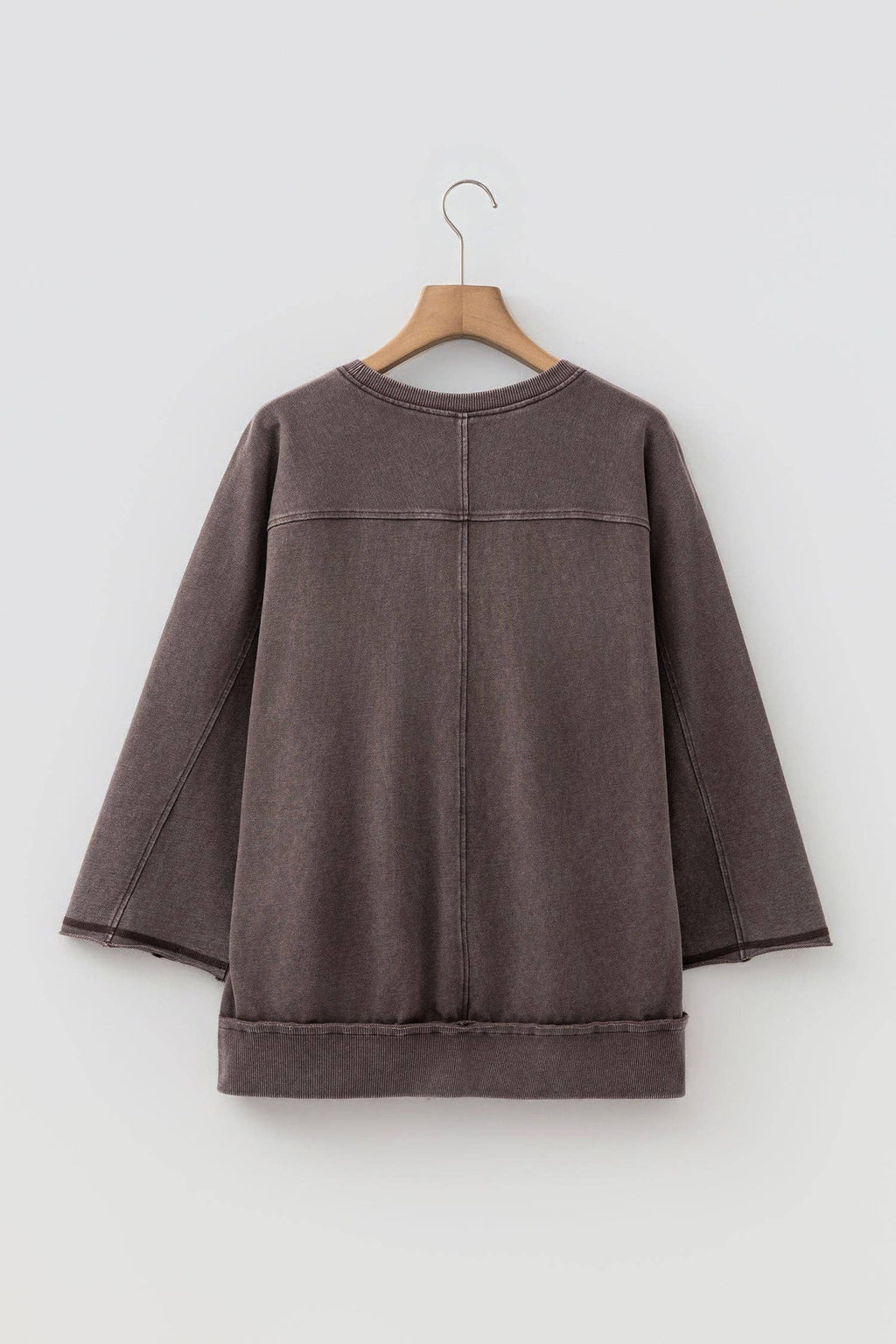 OMG! Mineral Wash Reverse Seam 3/4 Sleeve Top: Dark Brown