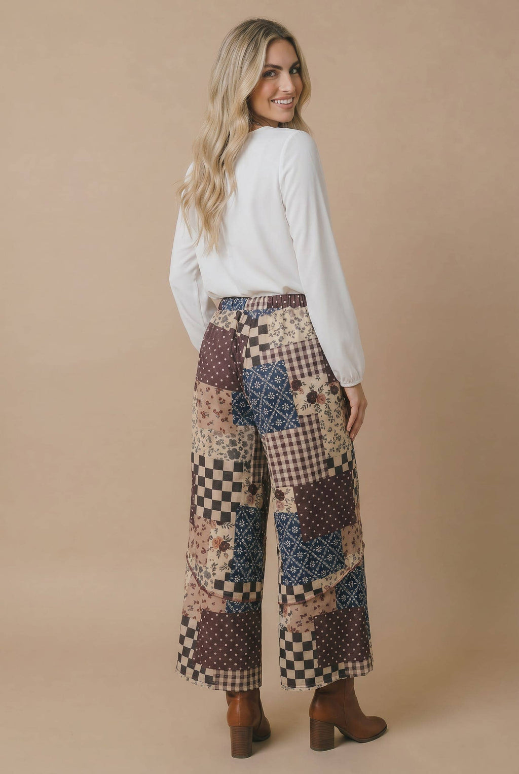 Patchwork Floral French Terry Pants: BROWN