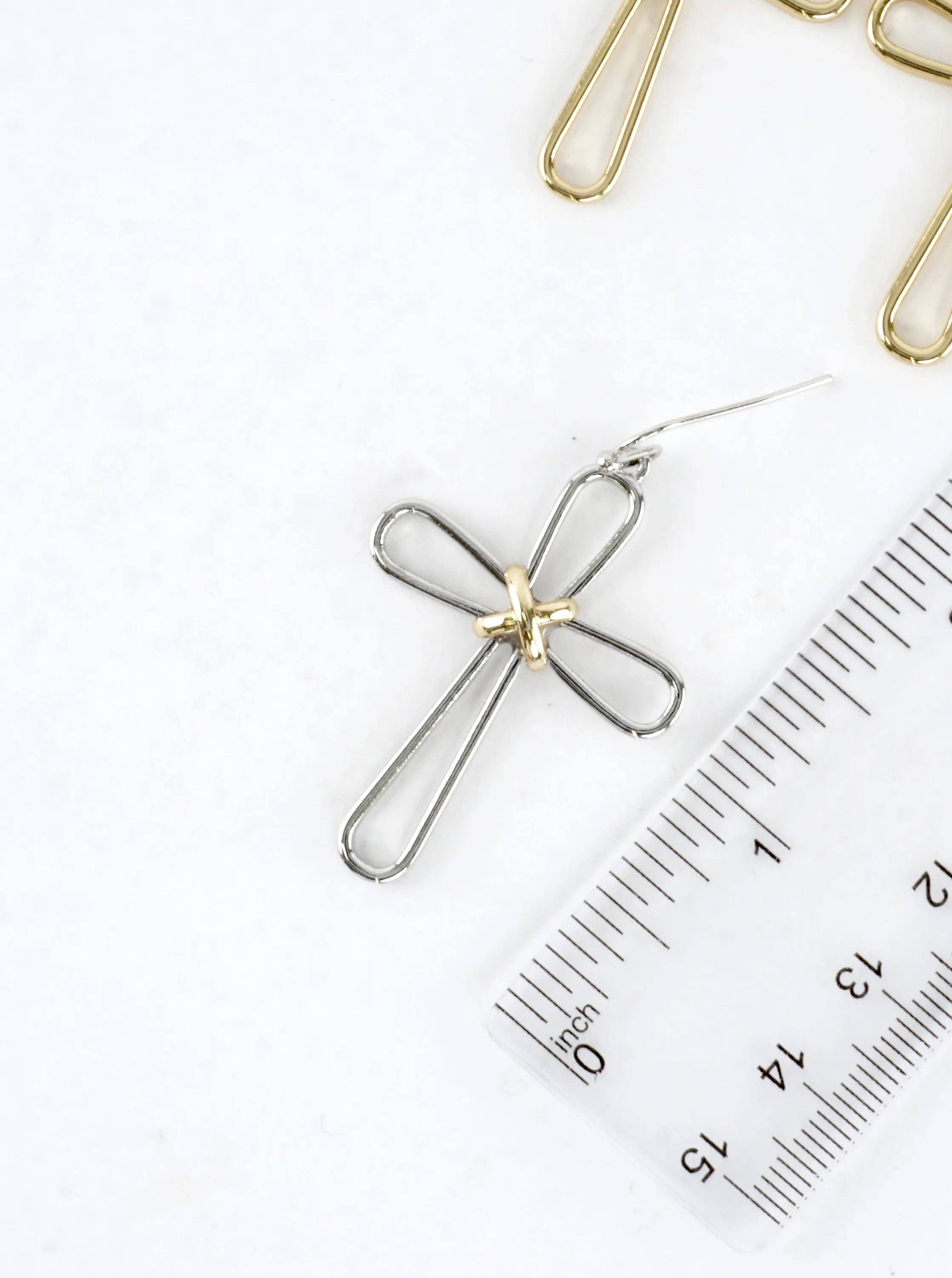 Modern Open Cross Wire Drop Earrings: Gold Rhodium