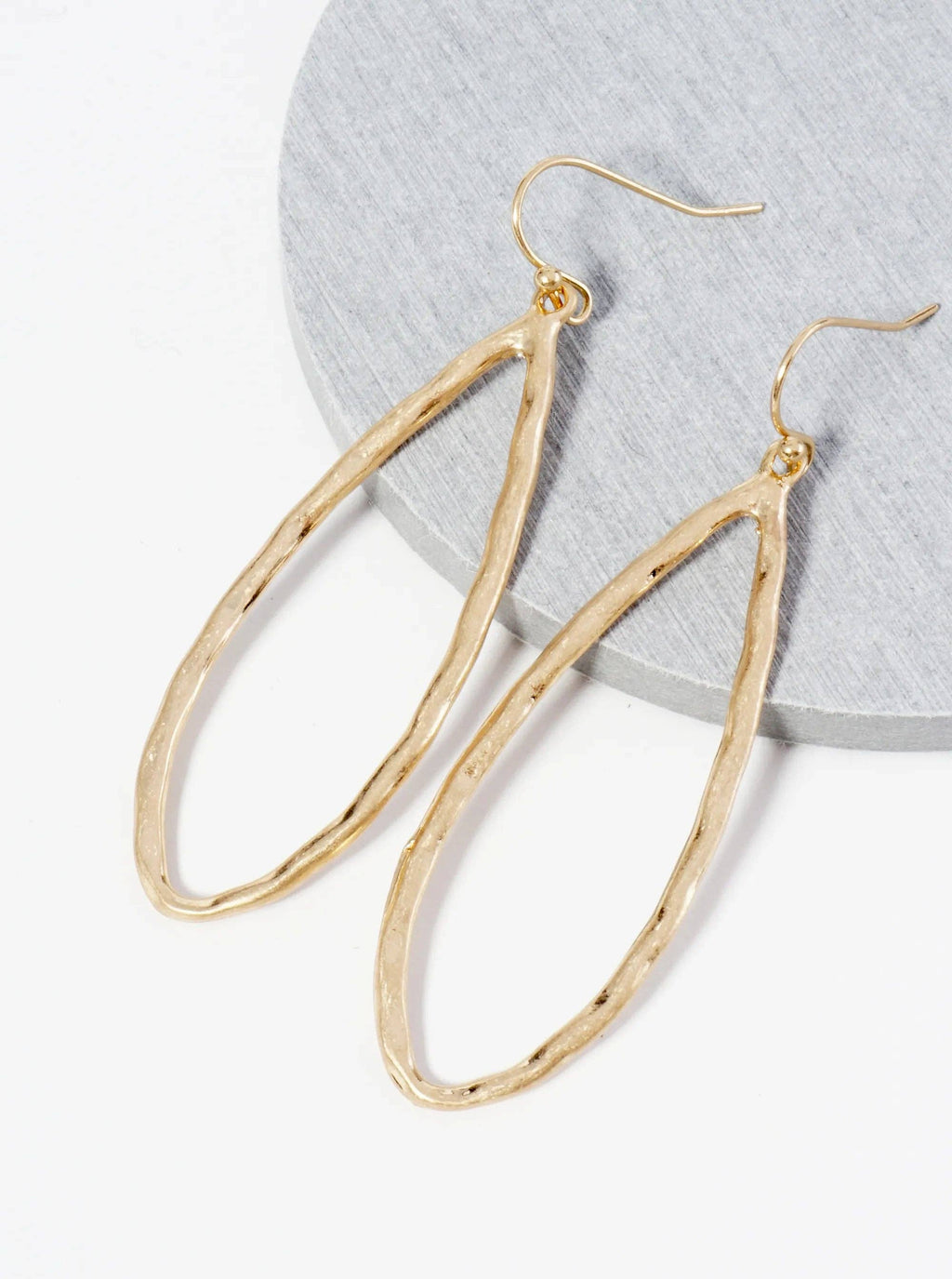 Hammered Metal Elongated Teardrop Dangle Earrings: WORN GOLD