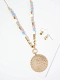 Hammered Circle Pendant Wood Beaded Chain Long Necklace Set With Earrings: Light Multi