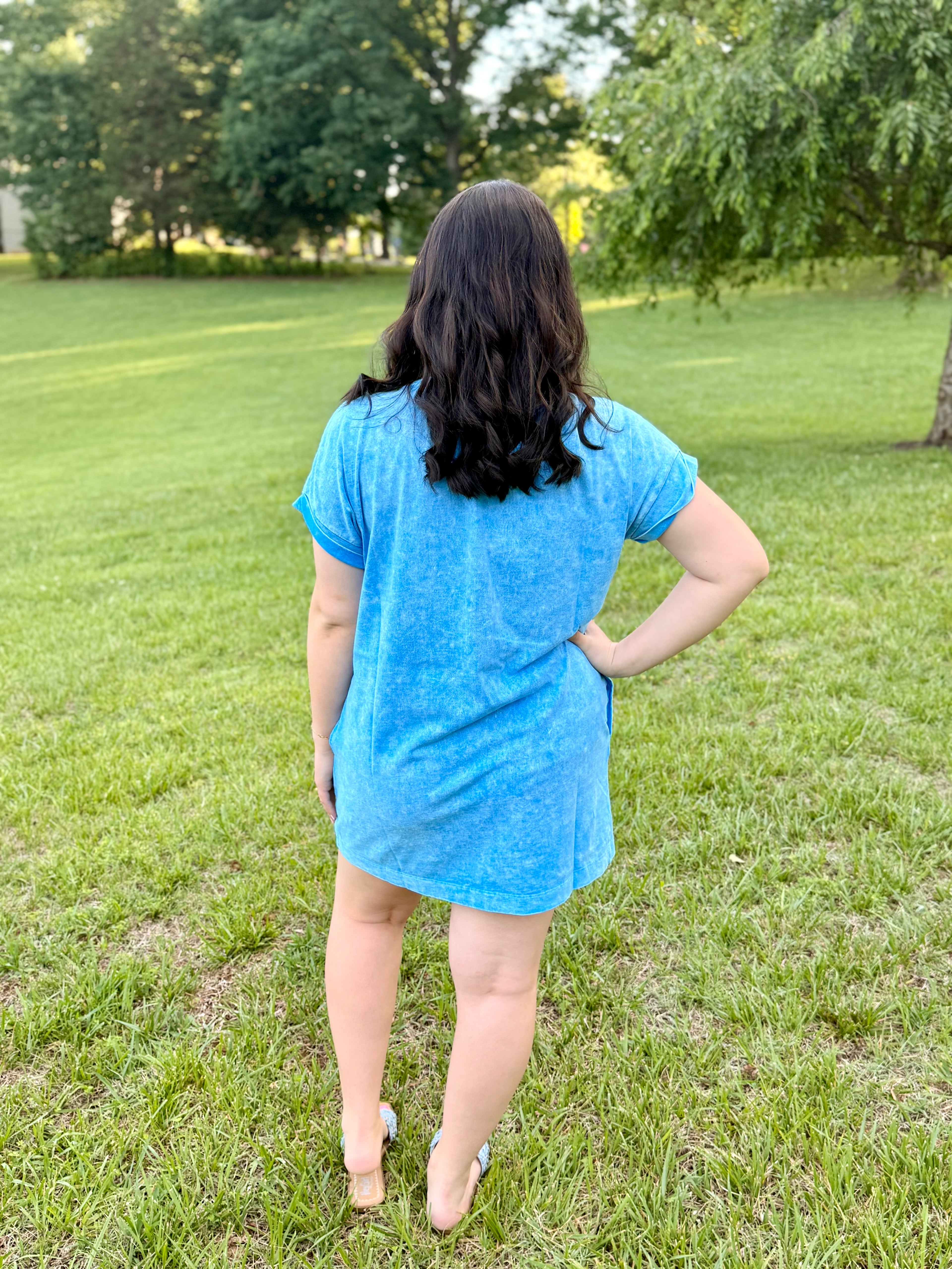 Halo Washed Premium Cotton T-shirts Dress: Ocean Blue