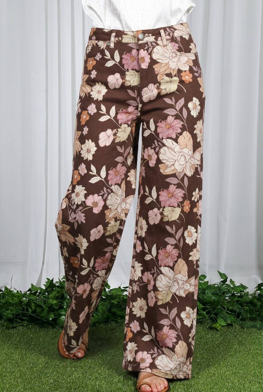 Floral Print Straight Leg Cotton Span Jean Pants: Brown
