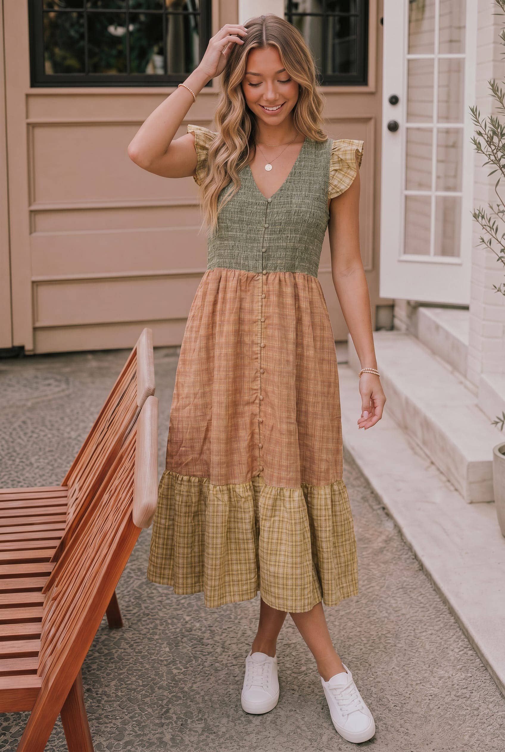 RUFFLE SLEEVE SMOCKING PLAID COLORBLOCK MIDI DRESS: SAGE/CORAL/YELLOW
