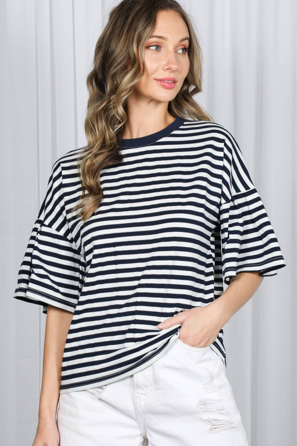 Pleated Flutter Sleeve Crew Neck Striped Knit Top: Navy