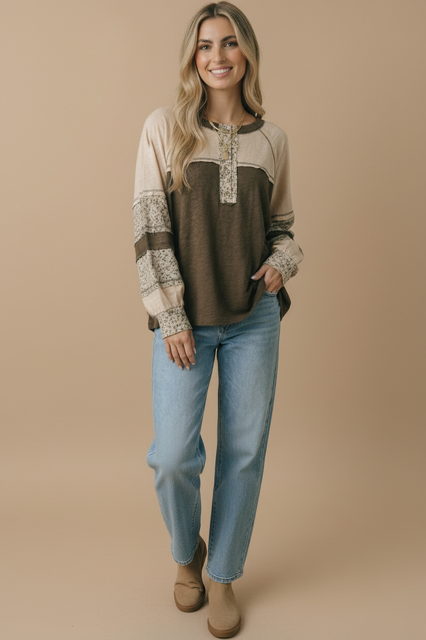 Round Neck Floral Color Block Cotton Slub Top: OLIVE