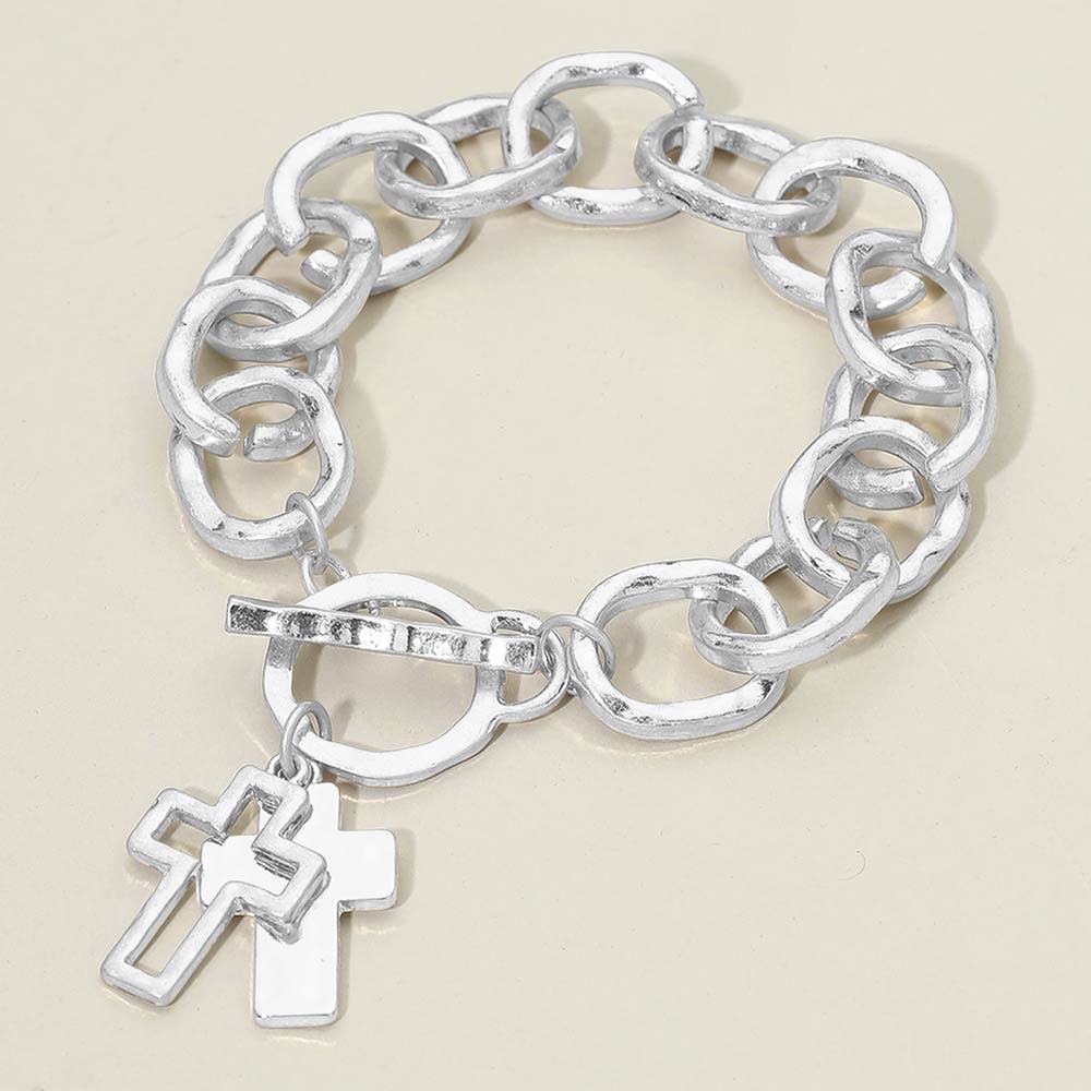 Hammered Layered Cross Charm Chunky Chain Toggle Bracelet: Rhodium,Worn Silver