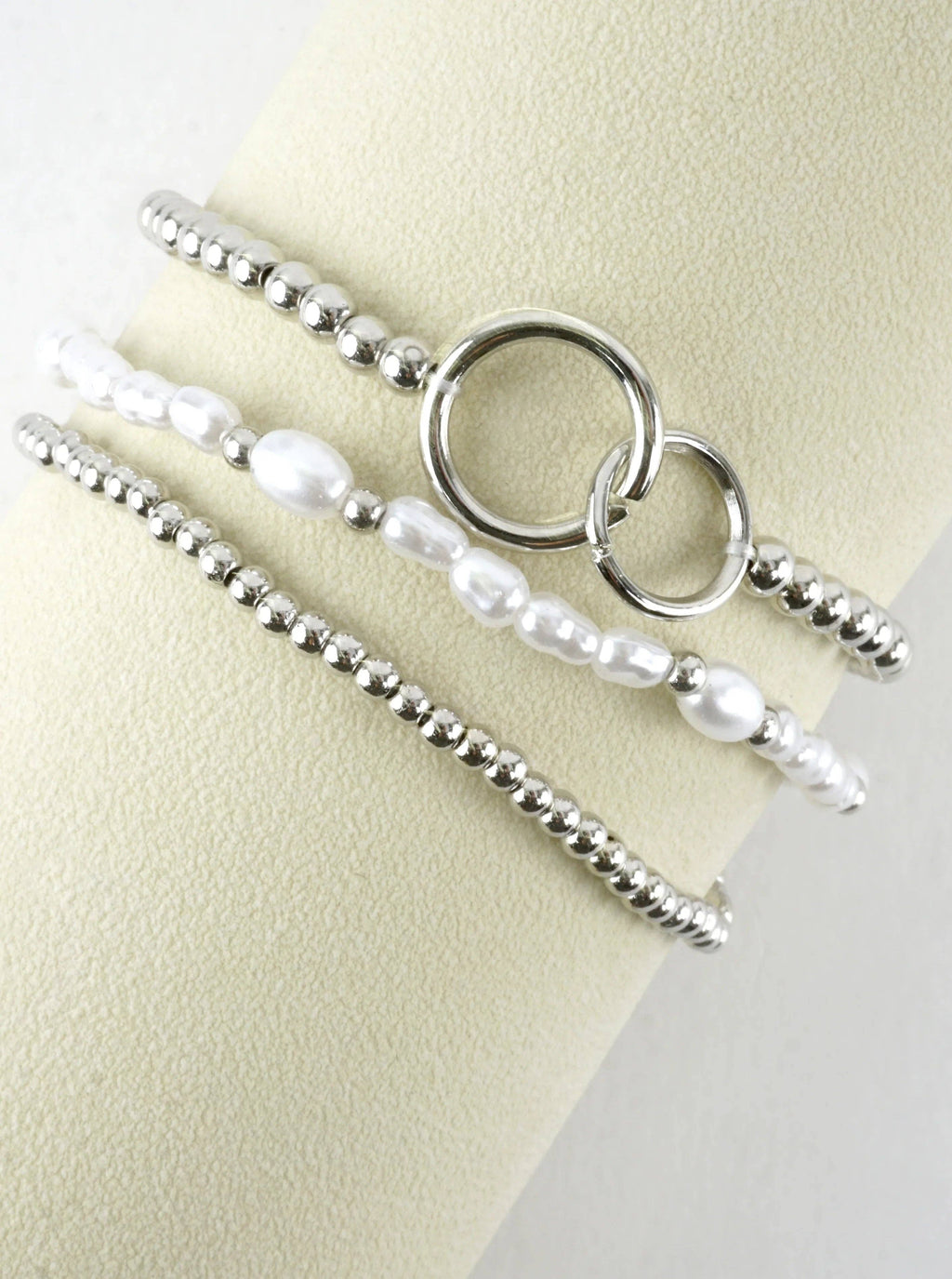 3 PC Set Double Ring Pearl Stretch Bracelets: Rhodium White