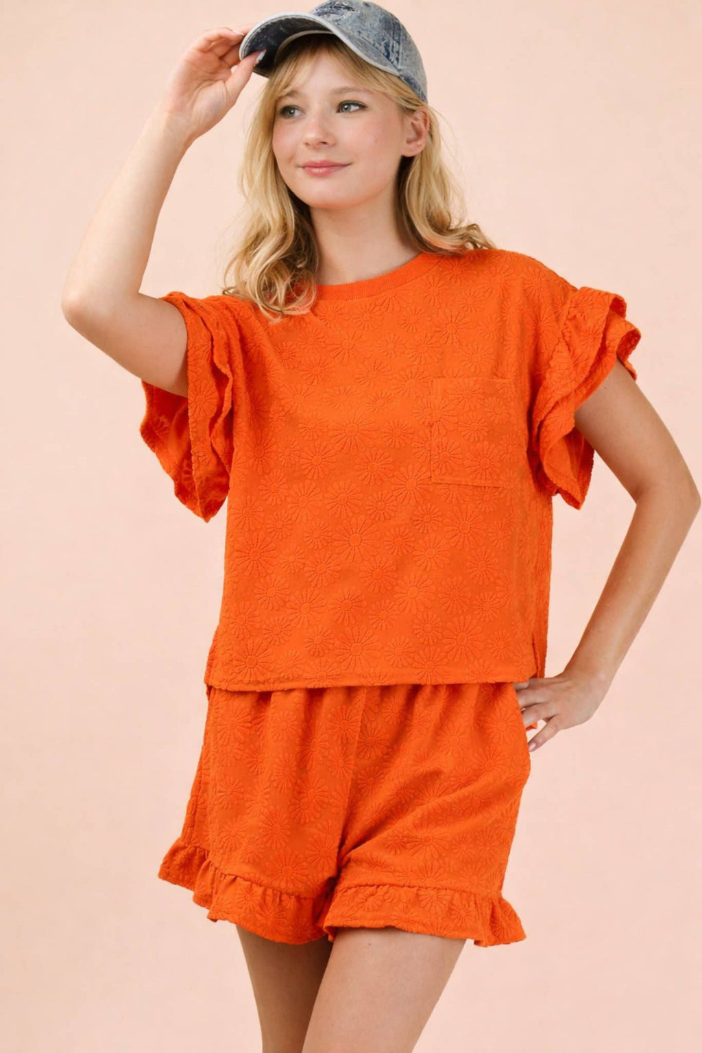 NEW IN — Floral Textured Ruffled Knit Top & Shorts Set: Orange