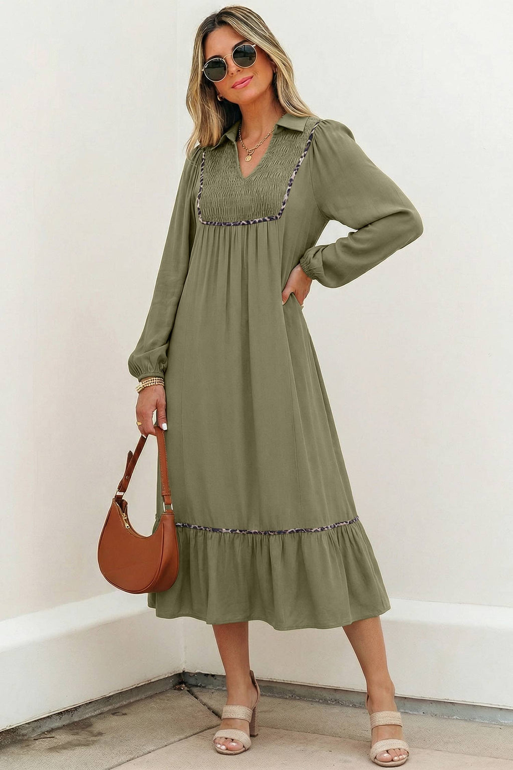 OMG! Leopard Trim Smocked V-Neck Midi Dress