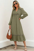 OMG! Leopard Trim Smocked V-Neck Midi Dress