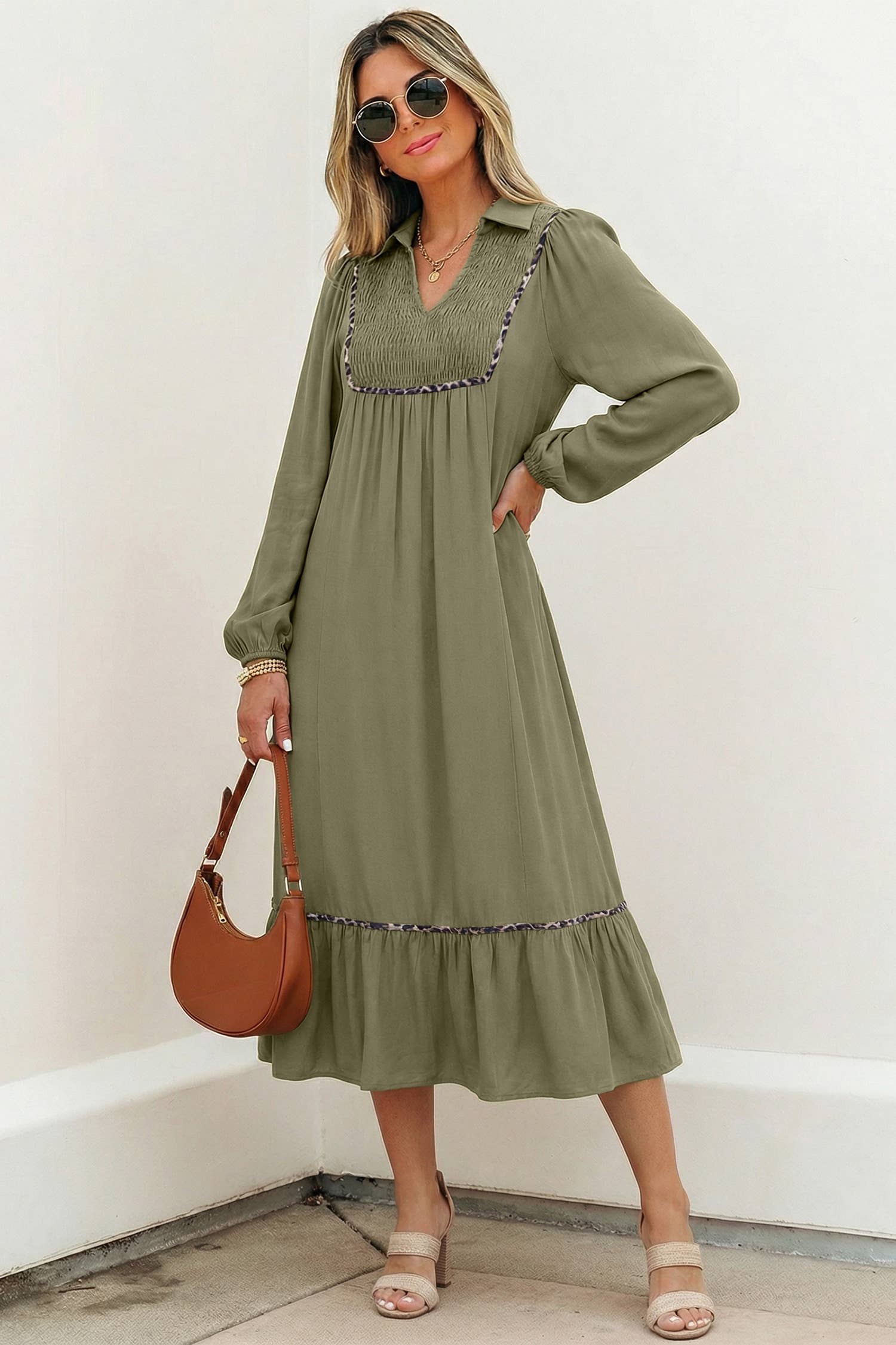 OMG! Leopard Trim Smocked V-Neck Midi Dress