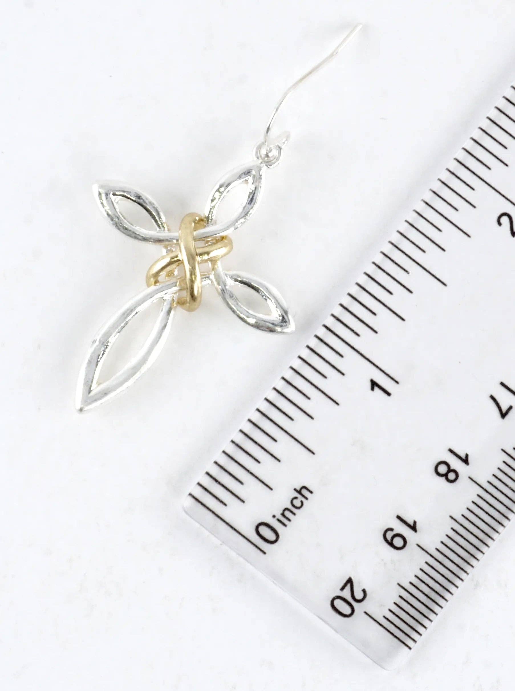 2 Tone Infinity Knot Cross Drop Earrings: Worn Silver Gold