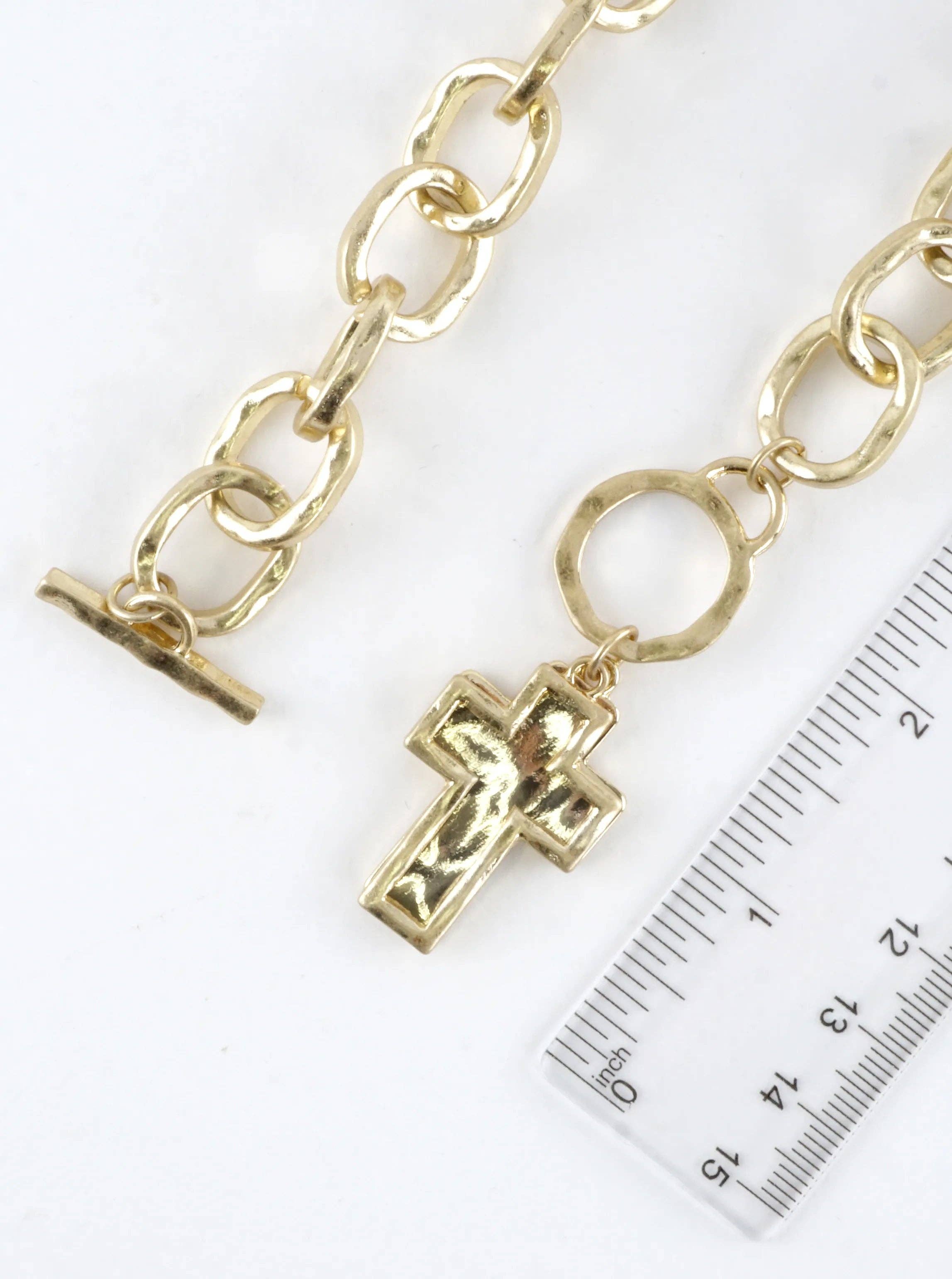 Chunky Hammered Two Cross Toggle Pendant Necklace: Worn Gold Gold