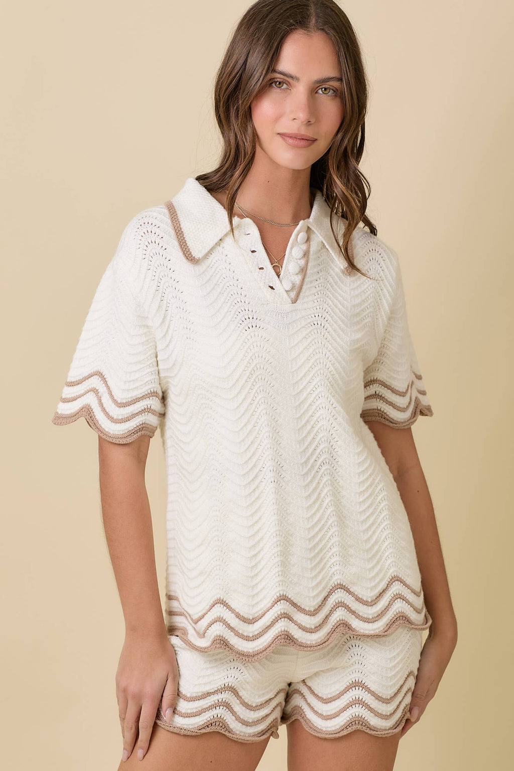 Crochet Wavy Collar Sweater Knit Top: WHITE/TAUPE
